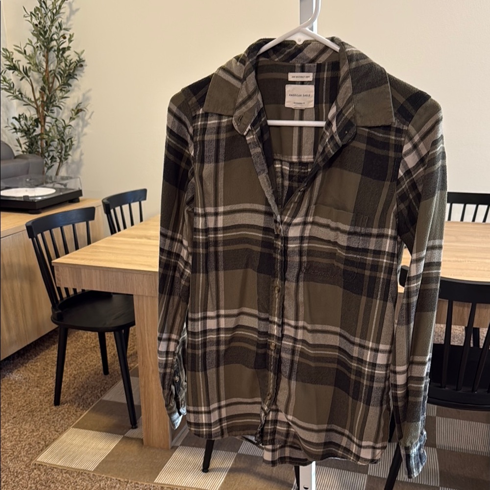 American Eagle Outfitters Olive and Black Plaid Shirt